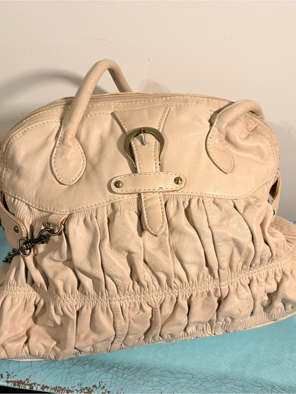 Michael Rome Cream Ruched Leather Shoulder Bag